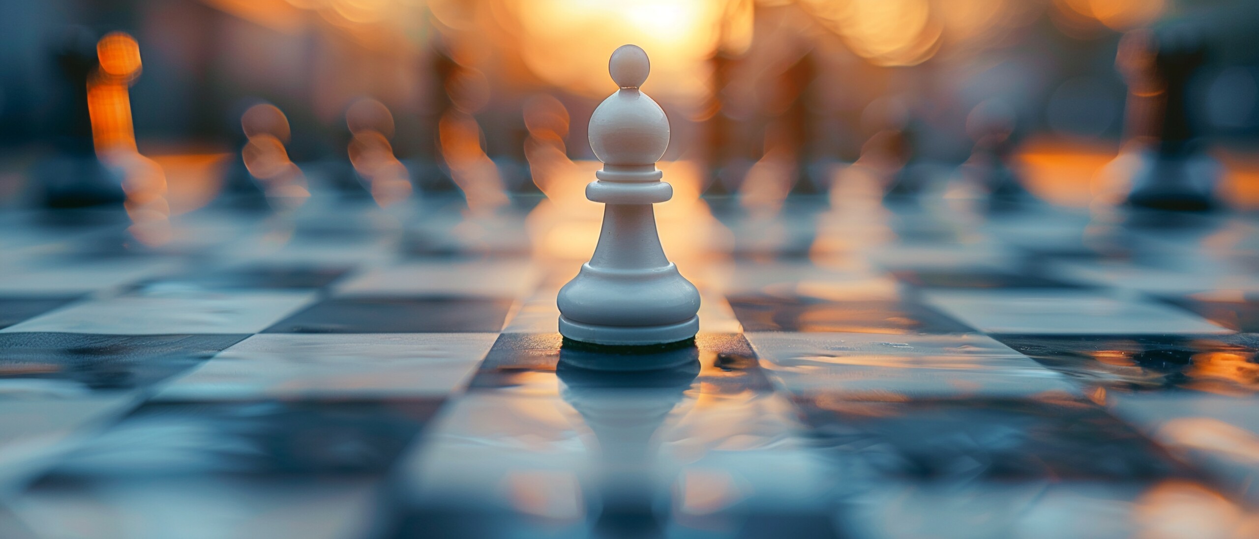 A visual metaphor for a newborn company in a competitive field, depicted as a delicate chess piece making a bold move on a chessboard of industry giants, with added copy space for commentary 8K , high