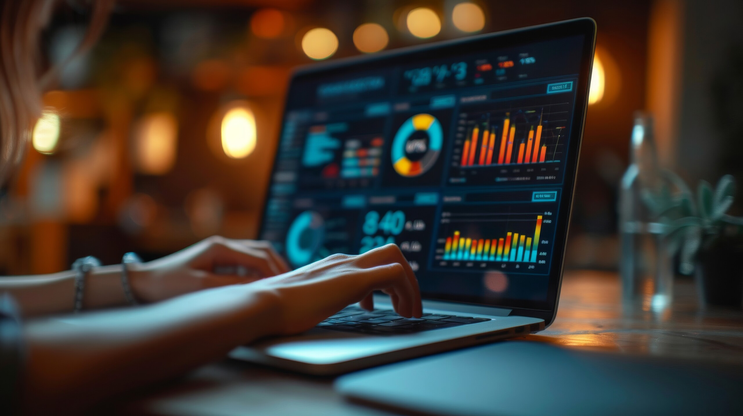 A close-up shot of a hand typing on a laptop keyboard with digital marketing analytics dashboard on the screen